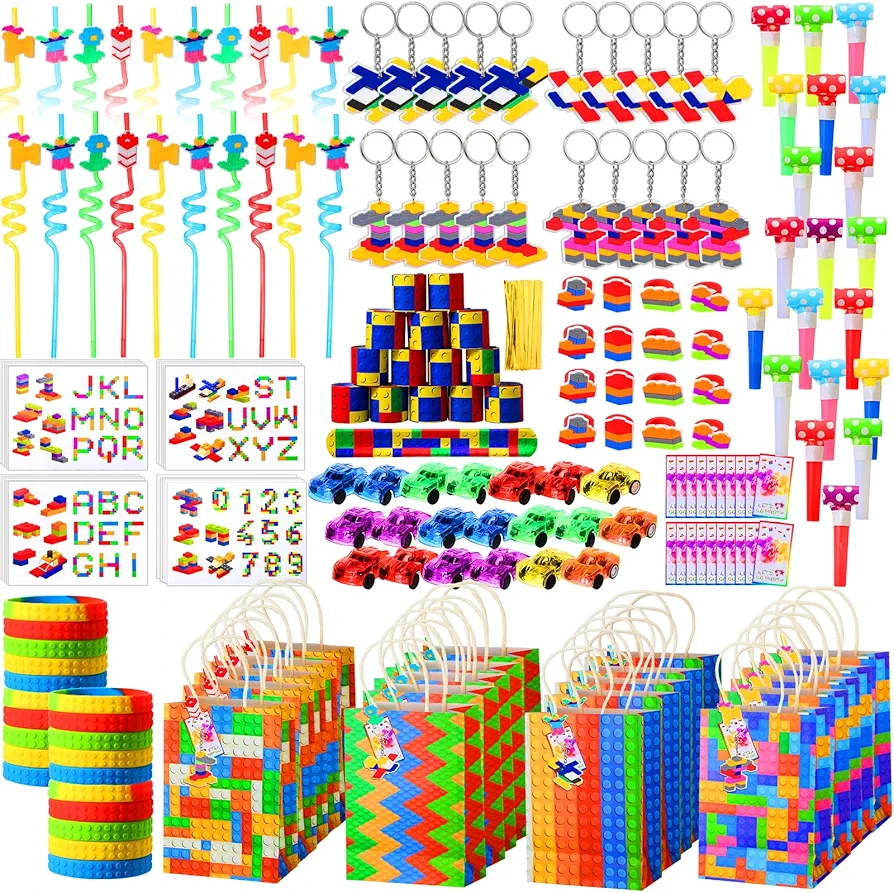 201 Pcs Building Block Party Favors Set for 20 Kids Slap Bracelet Wristband Keychain Straw Pull Back Car Cup Sticker Card Blowout Noise Maker Rings for Birthday Classroom Prize(Stylish)