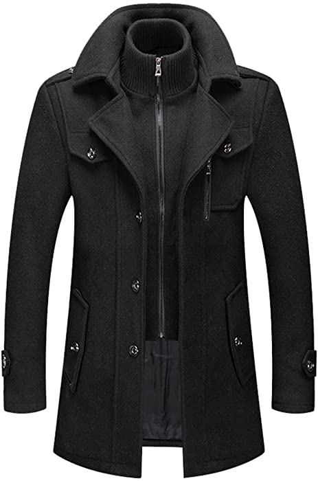 Men's Warmer Wool Coat, Removable Double Collar Peas Coats,Casual Business Slim Fit,Windproof Plus Cotton Coat