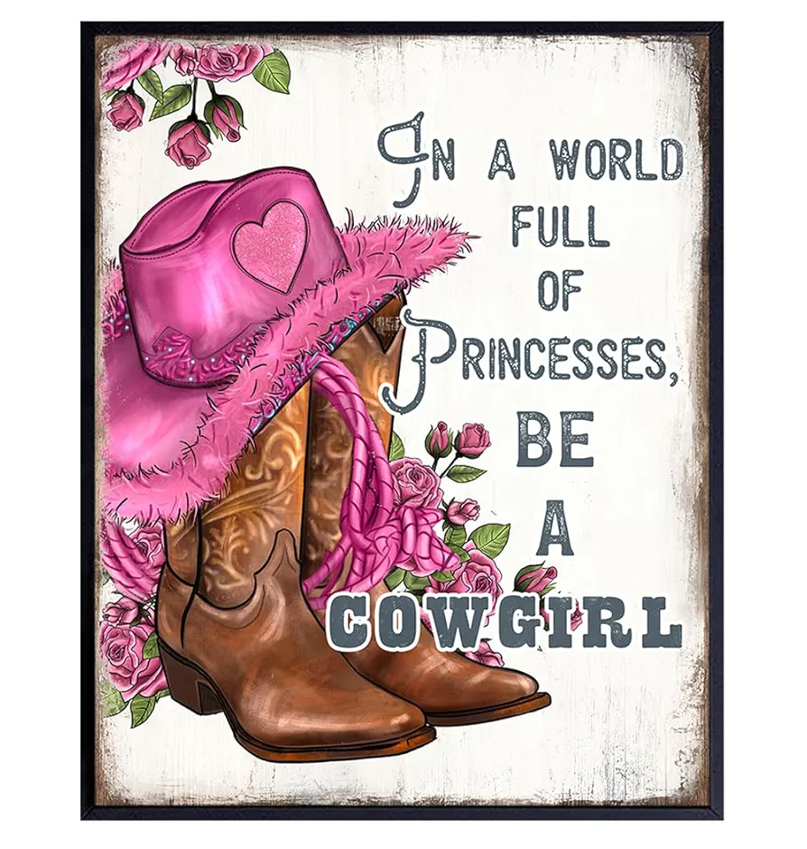 Pink Cowgirl Wall Art for Women - Cute Sayings Western Wall Decor - Inspirational Boho Living Room Decor, Bohemian Wall Decor for Women, Woman, Girls, Teens - Rustic Bathroom Decor Country Decorations