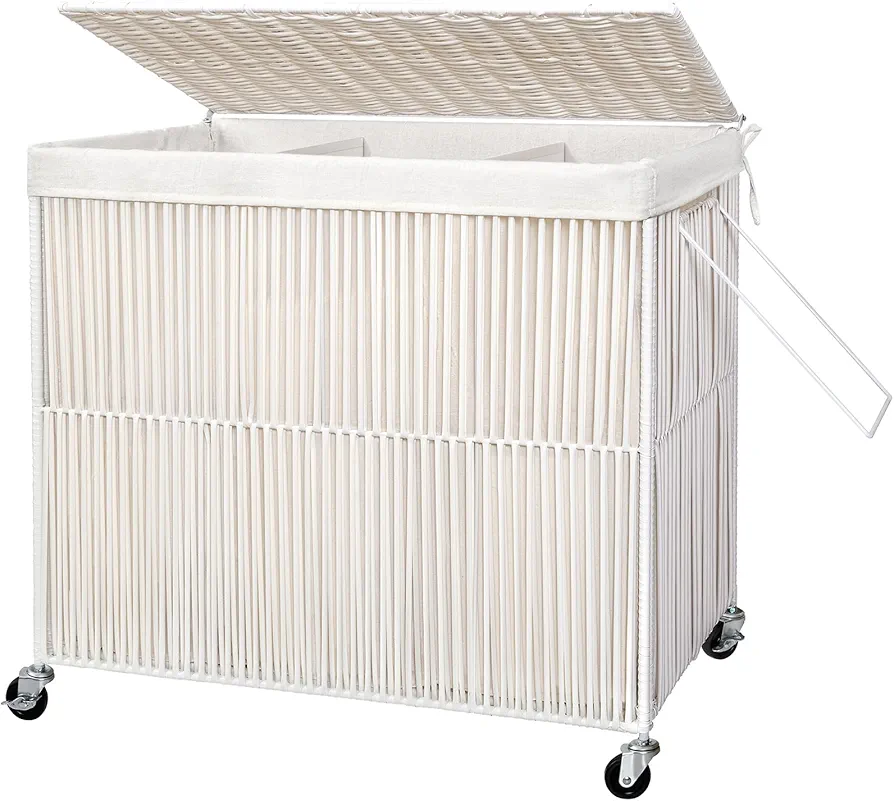 WOWLIVE Laundry Hamper with Wheels, 150L Handwoven Rolling Laundry Basket 3 Section with Lid, Clothes Hamper with Removable Liner Bag, Large Capacity Laundry Sorter Laundry Room Organization, White