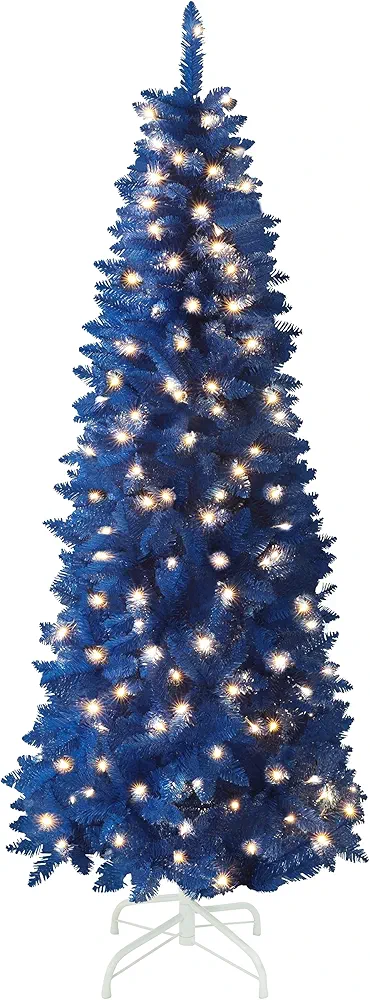 MUPATER Pencil Christmas Tree 6ft, Pre-Lit Artificial Christmas Tree with Metal Stand, Warm White Lights Holiday Decoration for Home, Office (Blue)