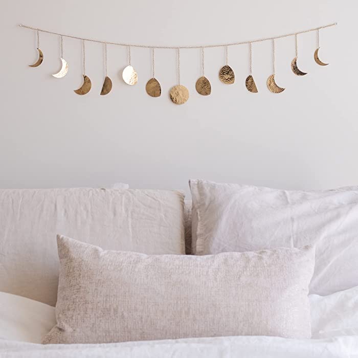 Moon Phase Wall Hanging Handmade Hammered Gold Metal 13 Moons 36" Garland, Boho Home Decor for Bedroom, Celestial Art Phases Bohemian Decoration Astrology Aesthetic for Above The Bed or Living Room