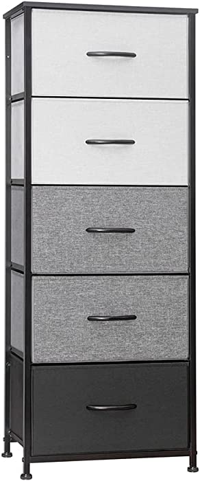 Crestlive Products Vertical Dresser Storage Tower - Sturdy Steel Frame, Wood Top, Easy Pull Fabric Bins, Wood Handles - Organizer Unit for Bedroom, Hallway, Entryway, Closets - 5 Drawers (Black&Gray)