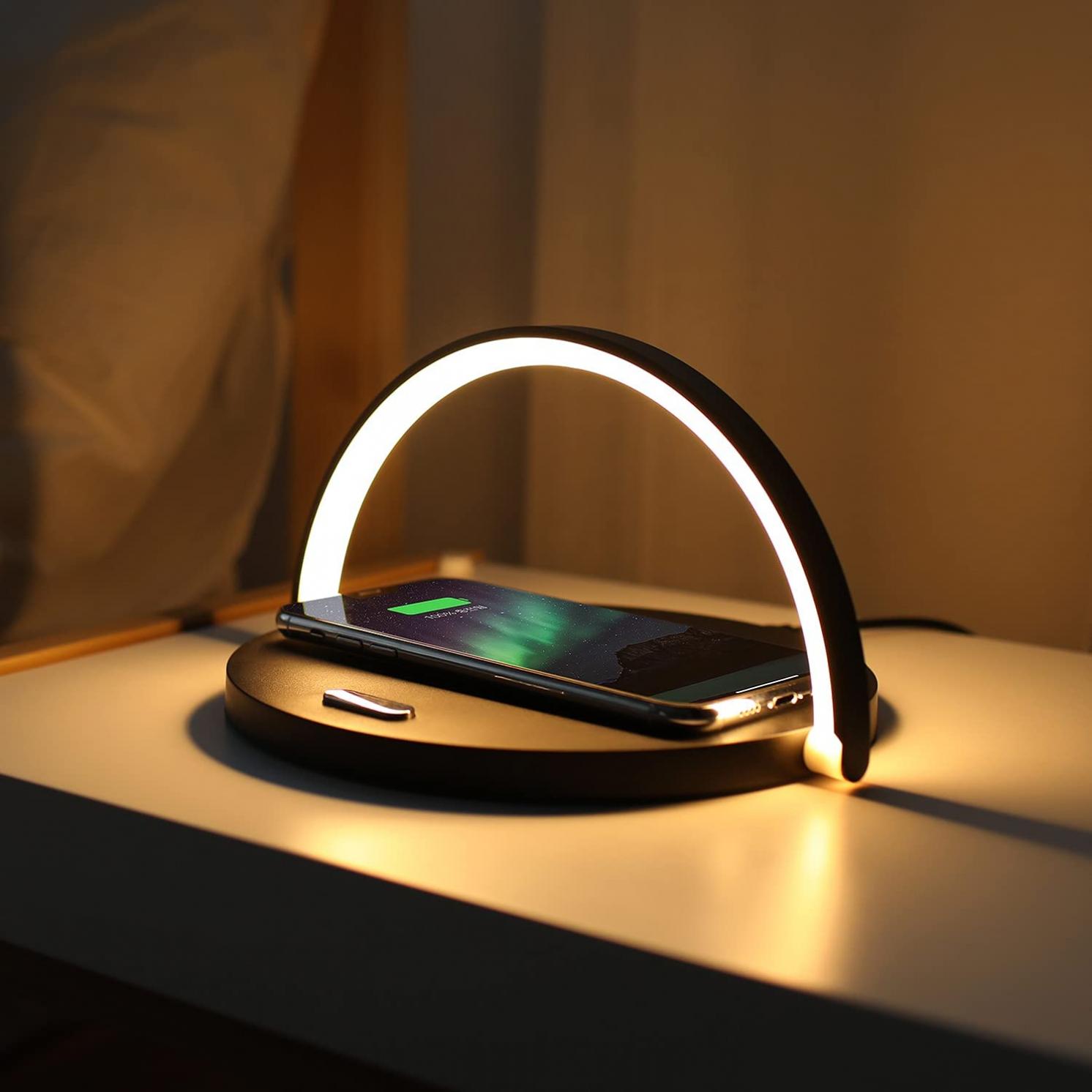 mooas Modern Simple Wireless Charging Nightlight (Black), Max.10W Fast Wireless Charger, Touch Control, 3-Level Brightness, for Galaxy S10/S20/Note 10, iPhone X/11/11 Pro, Airpods 2, LG V50/G7/G8