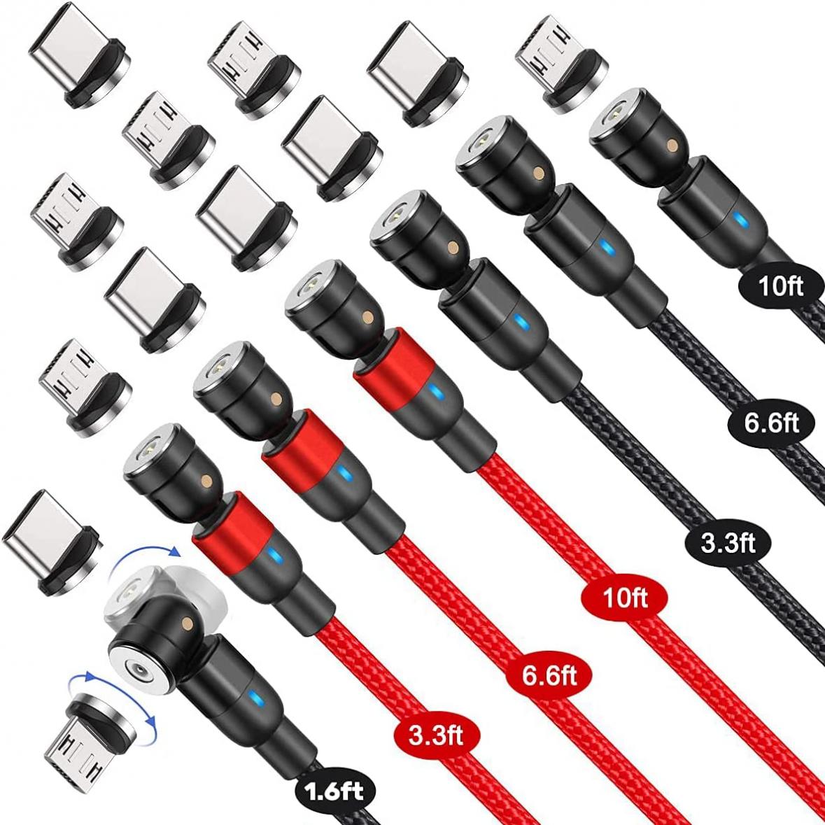 540° Rotation Magnetic Charging Cable (7-Pack, 1.6ft/3.3ft/3.3ft/6.6ft/6.6ft/10ft/10ft) Magnetic Cable, 3 in 1 Magnetic Phone Charger Compatible with Micro USB, Type C Smartphone and iProduct Device