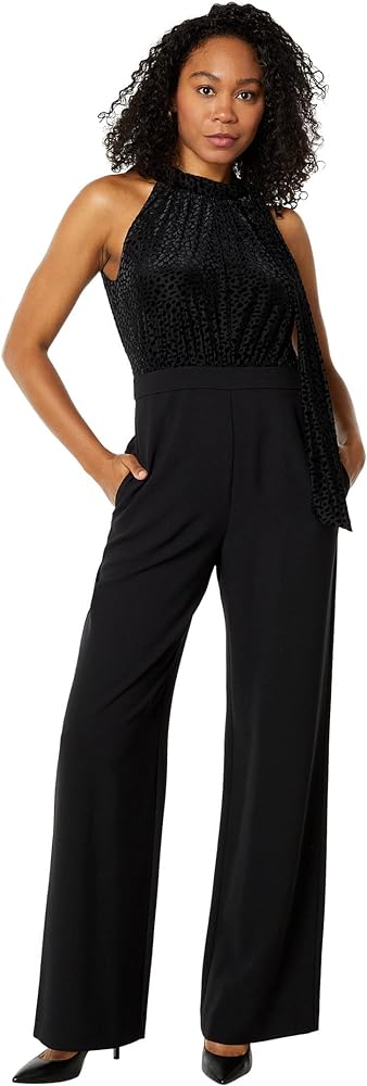 Vince Camuto Burnout Velvet Halter Bow Signature Stretch Crepe Jumpsuit