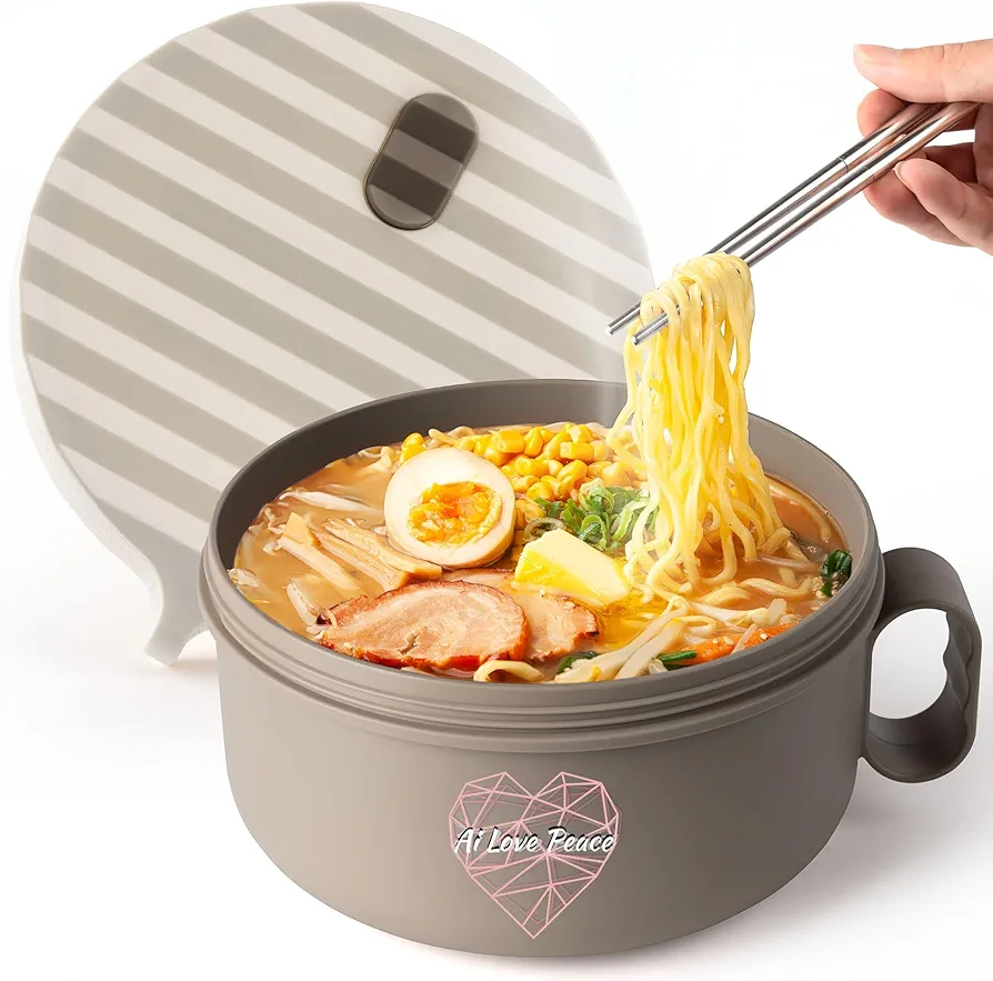 AI LOVE PEACE Microwave Ramen Bowl With Lid Ramen Cooker BPA Free and Dishwasher Safe For Office College Dorm Room Instant Lunch Ideal for Shin and Buldak Ramen Noodle On The Go (Beige aesthetic)