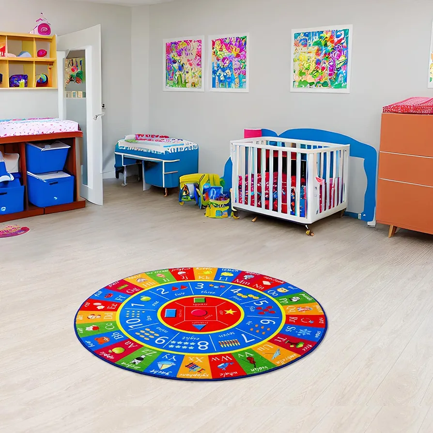 Round Kids ABC Rug 4ft, Alphabet Numbers Shapes Learning Mat for Children Playroom Bedroom, Educational Soft Circle Rug Carpet for Classroom Infant Toddlers Kids Room Game Area, Multi Color