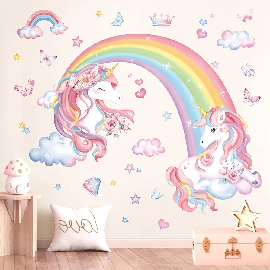 decalmile Rainbow Unicorn Wall Decals Rainbow Butterflies Clouds Unicorn Wall Stickers Baby Nursery Girls Bedroom Daycare Wall Decor