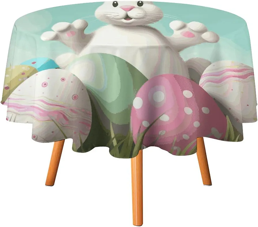 Happy Easter Eggs Bunny Tail Round Tablecloth 60 Inch Waterproof Wrinkle Free Table Cover Stain Resistant Washable Table Cloth for Picnic Party Dining Room Home Decor