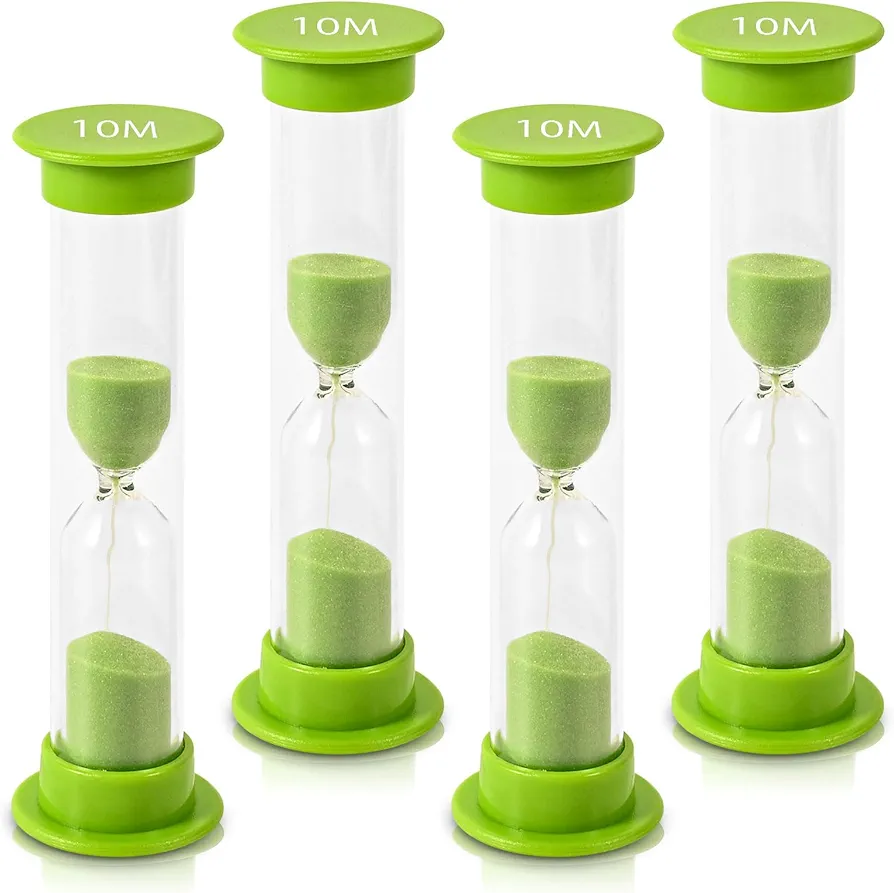 Sand Timer for Kids - 10 Minute Set of 4 Hour Glass - Green Color- Acrylic Covered for Classroom, Home & Kids Room