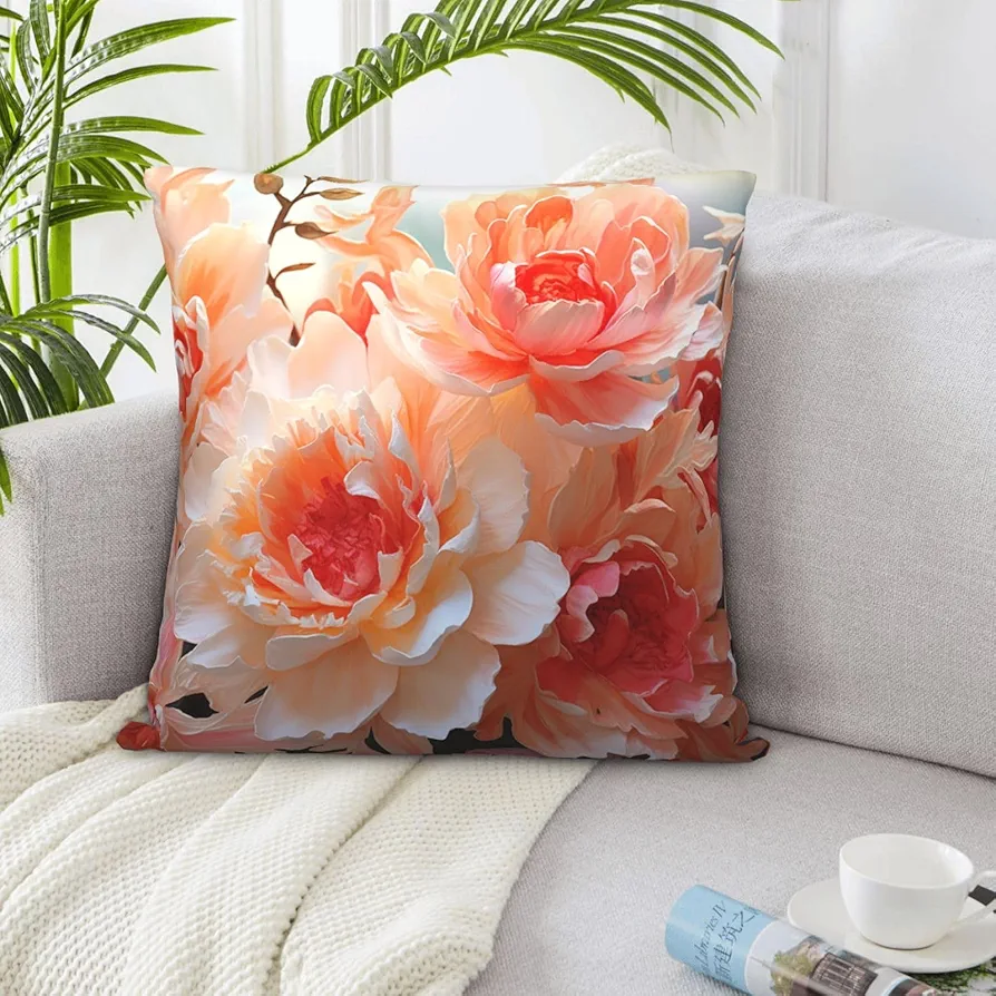 Throw Pillow Covers 18"x18" Peach Peony Pillow Covers Decorative Square Pillowcases Soft Cozy Cushion Cases for Home Living Room Sofa Couch Bed