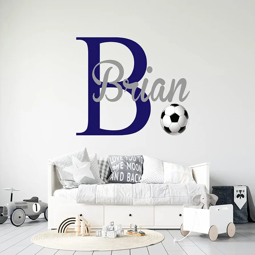 Sport Ball Custom Name & Initial Wall Decal - Soccer Personalized Name Wall Art Mural - Nursery Wall Stickers - Wall Decal Kids Room - Wall Decal for Children Nursery Decoration (Wide 30"x20" Height)