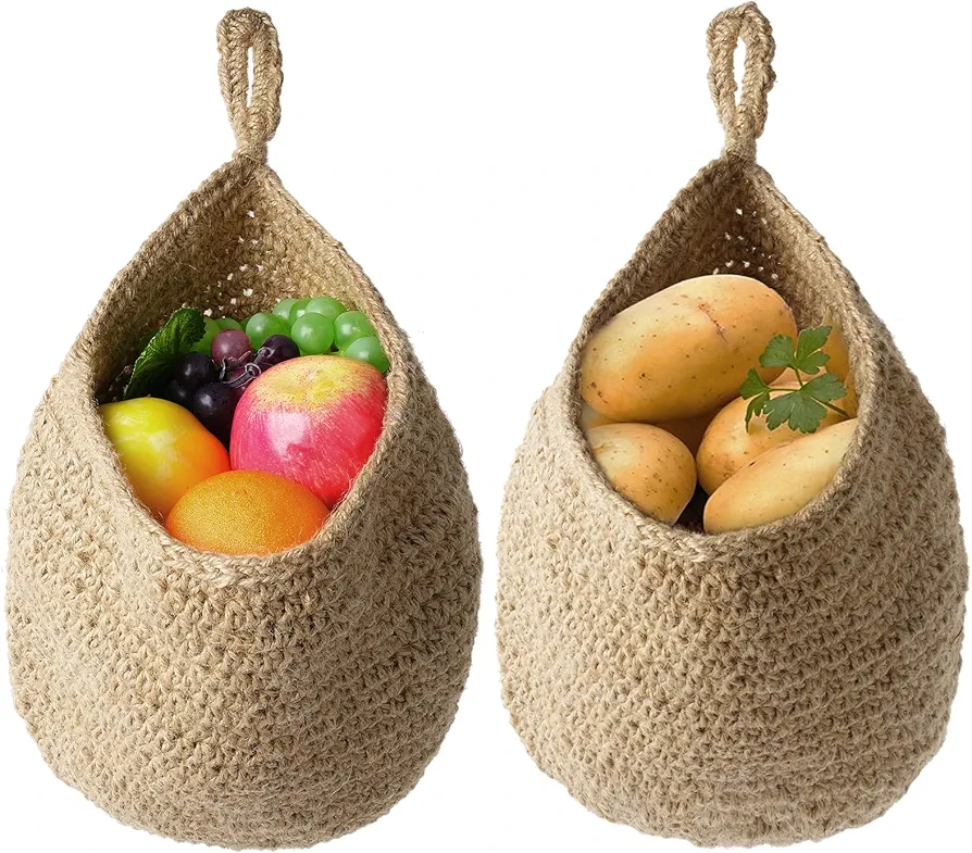 2Pcs Jute Hanging Fruit Baskets, Teardrop Onion Basket for Vegetables, Handmade Jute Wall-Mounted Organizer, Boho Wall Decorative Storage Basket for Kitchen, Living Room, Bedroom