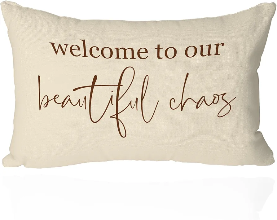 Farmhouse Pillow Cover 12x20 Inch - 'Welcome to Our Beautiful Chaos' Family-Inspired Rustic Lumbar Throw Cushion Case, Cozy Home Decor Accent for Living Room and Porch(Beige)