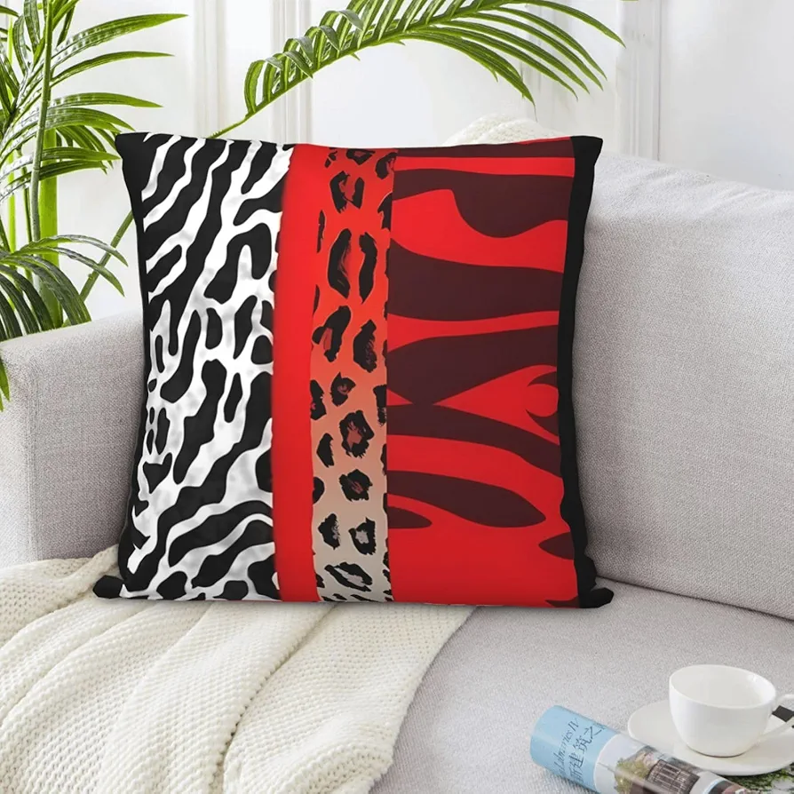 Decorative Throw Pillow Covers 18"x18" Double Sided Pillow Covers for Sofa Red Leopard and Zebra Animal Couch Throw Pillow Cases Soft Plush Cushion Case Square Cushion Cover for Living Room