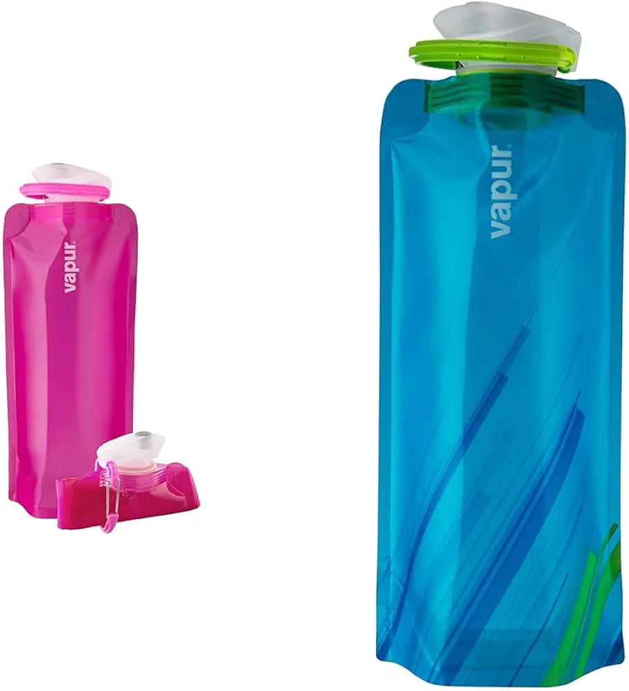 Vapur 23 Ounce and .70 Liter Collapsible Wide Mouth Anti-Bottles with Detachable Carabiners, Pack of 1 Each, Magenta and Water Blue