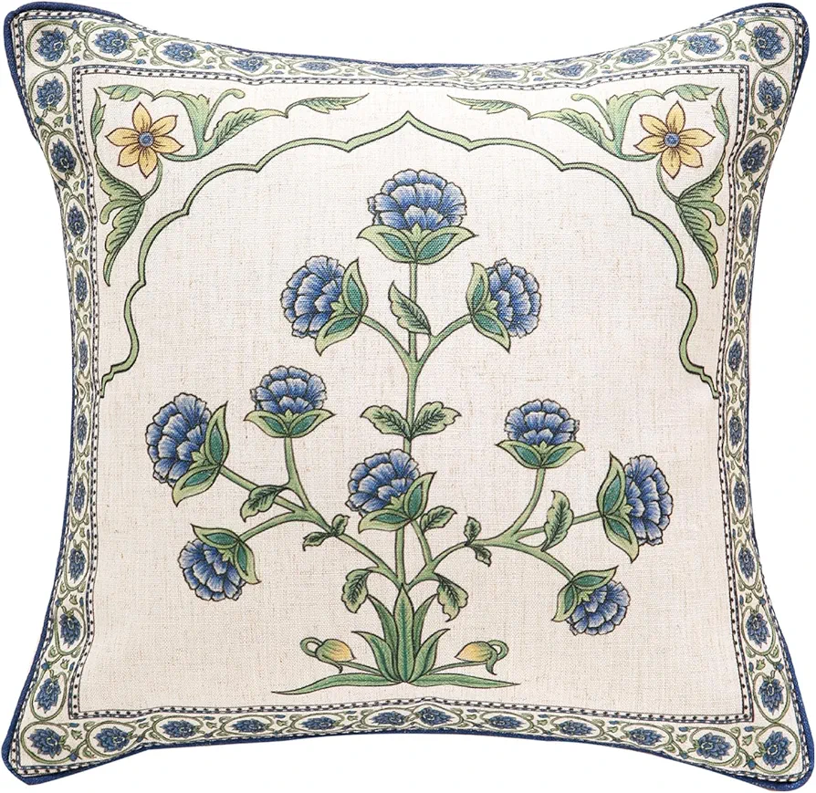 Designer Throw Pillow Covers,Blue Euro Elegant Linen with Blooming Floral Pattern Pillow Cover,Decorative Square Pillowcases Cushion for Bed Living Room Outdoor Car,18"x18"