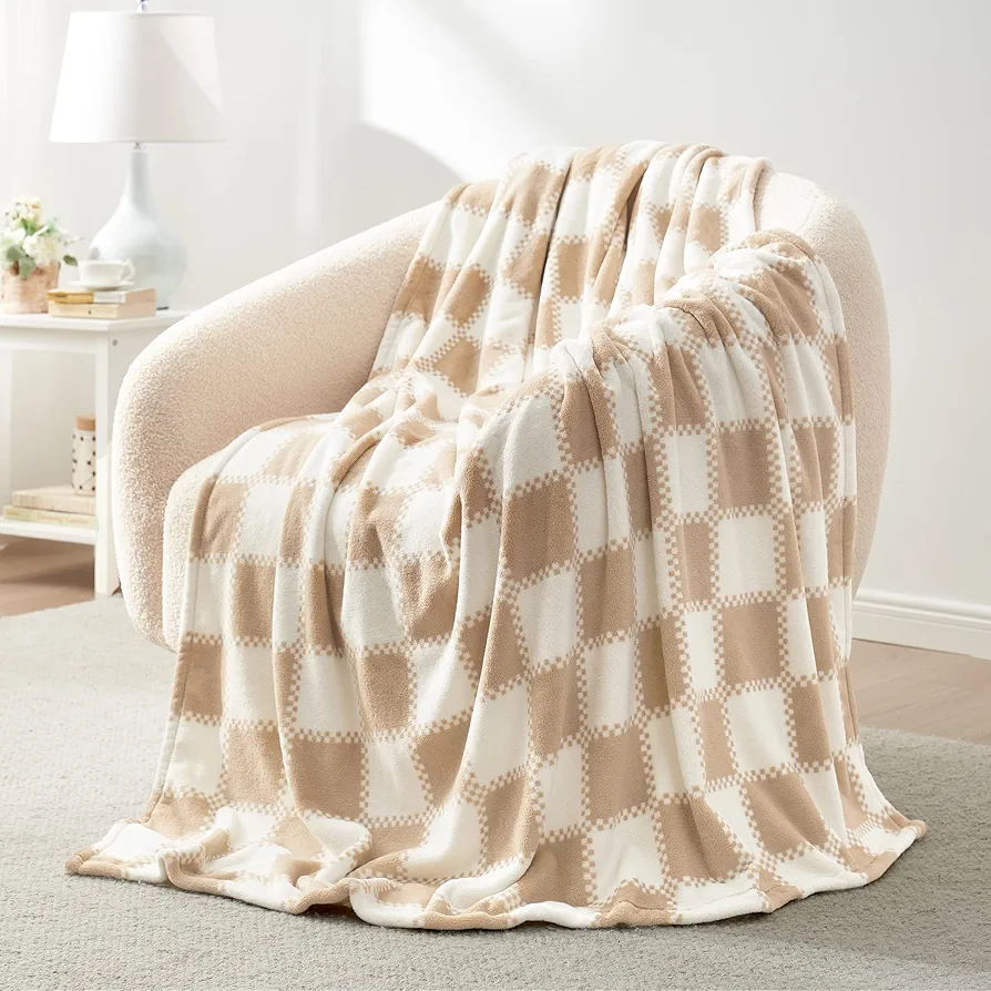 Cozy Bliss Beige Checkered Throw Blanket Ultra Soft Warm MilkyPlush™ Fleece Blanket Checkerboard Grid Plush Blanket for Couch Bed Sofa, Beige 50"x60"