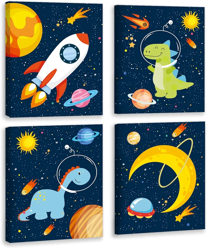 KAIRNE Outer Space Dinosaur Room Decor,Solar System Stars Wall Canvas Poster,Set Of 4 (12X16inch,framed) Planet Astronaut Art Print,Rocket Decor for Boys Room Toddler Kids Room Classroom Space Decor