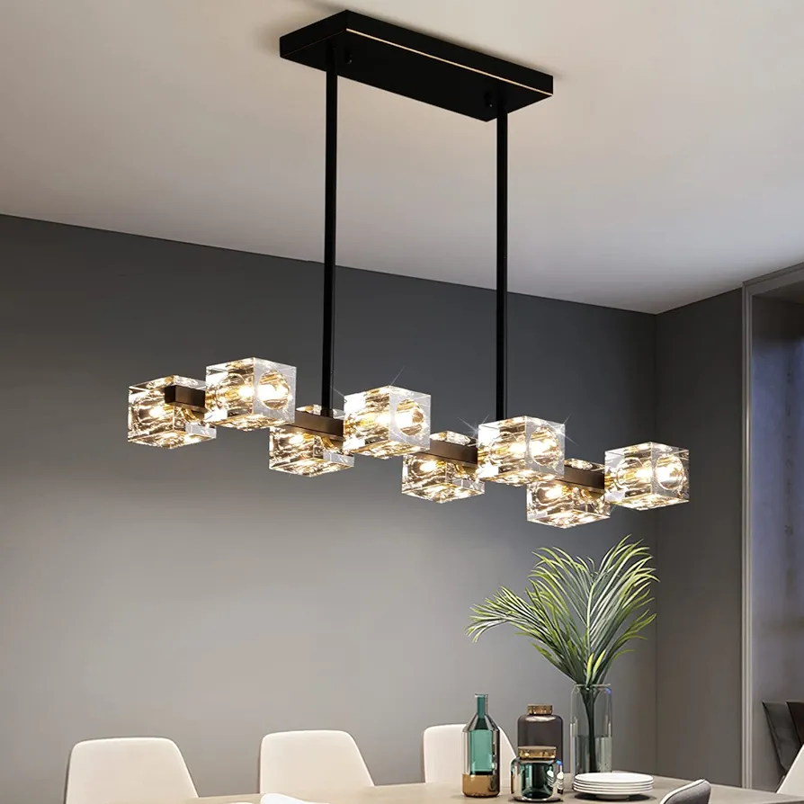 Black Chandelier,Crystal Pendant Lights Fixture with 8-Lights,Modern Cube lamp Shade Hanging Ceiling Light for Dining Room,Kitchen Island,Bedroom,Living Room