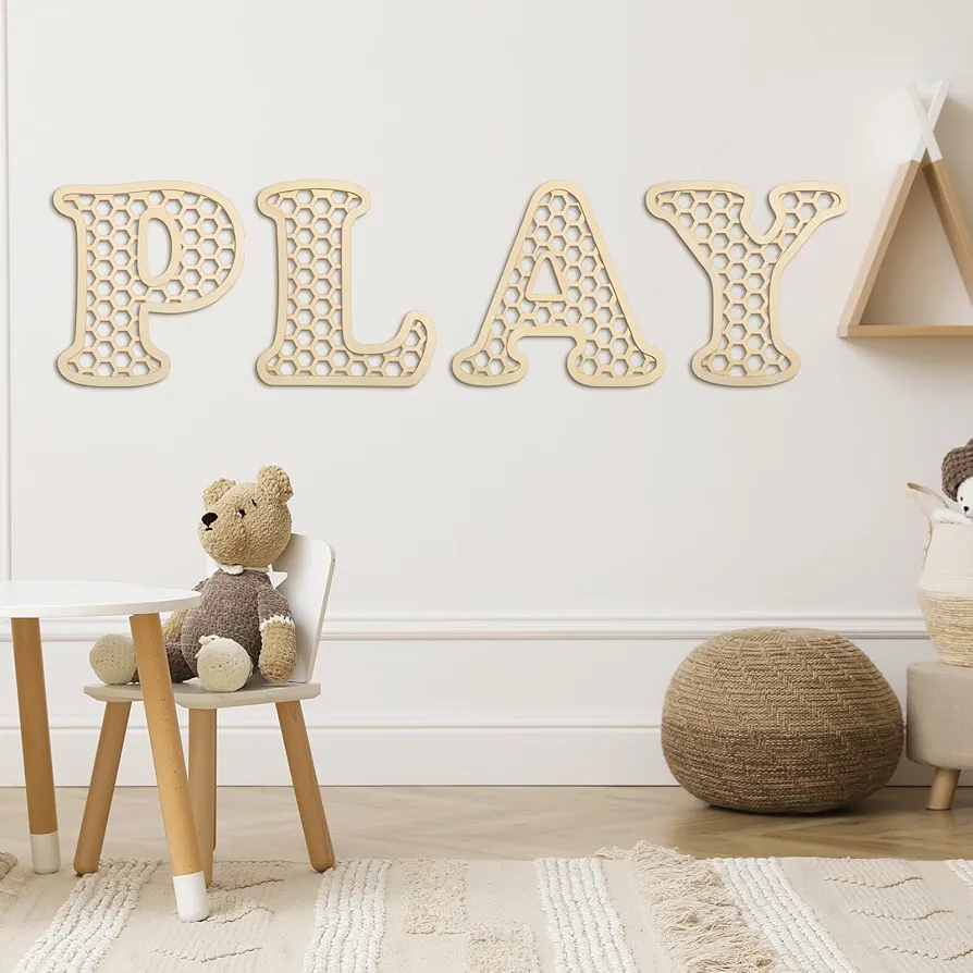 Wooden Play Rattan Letters Set Playroom Decor Boho Wall Signs Play Wooden Rattan Letters for Toddler Girls Boys Playroom Art Nursery Room Decorations