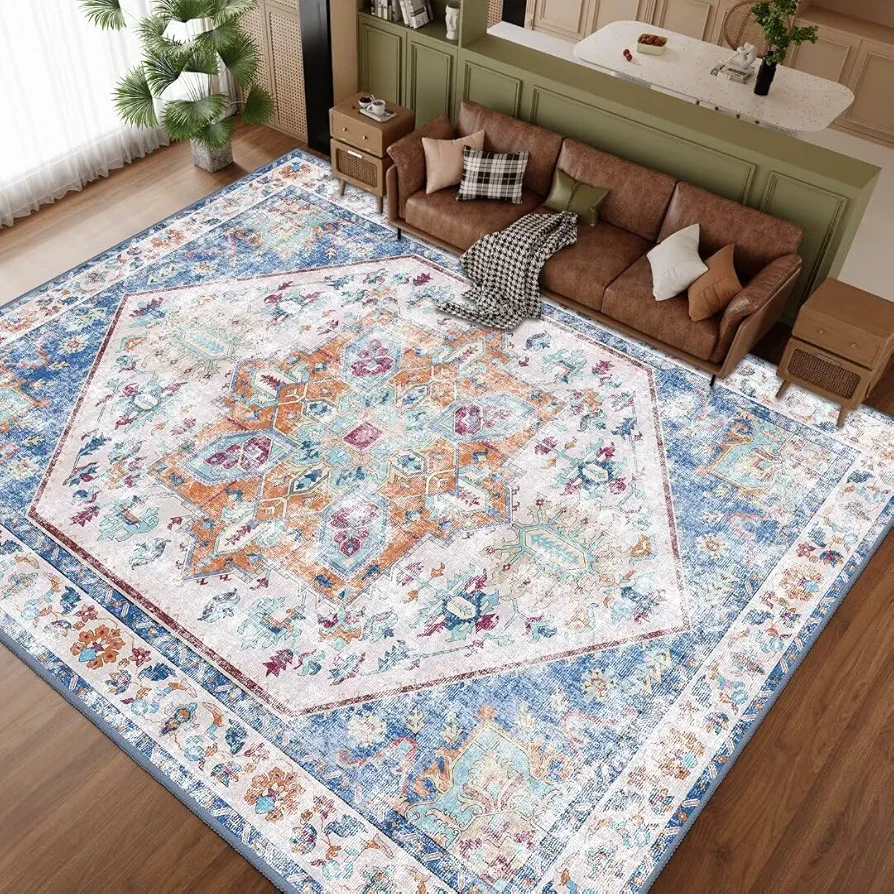 HOMFINE Washable Area Rug 5x7 - Stain Resistant Vintage Design Rugs for Living Room, Non-Slip Foldable Carpet for Bedroom, Dining Room, Indoor, Office (Blue&Orange, 5'x7')