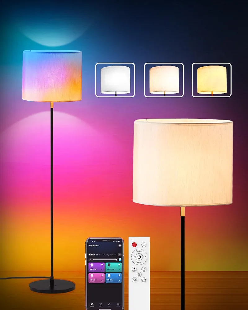 Led Floor Lamp for Living Room: Modern Standing Tall Floor Lamp for Bedroom - Smart APP Control - RGB Light 12 Colors with Decorative Lampshade