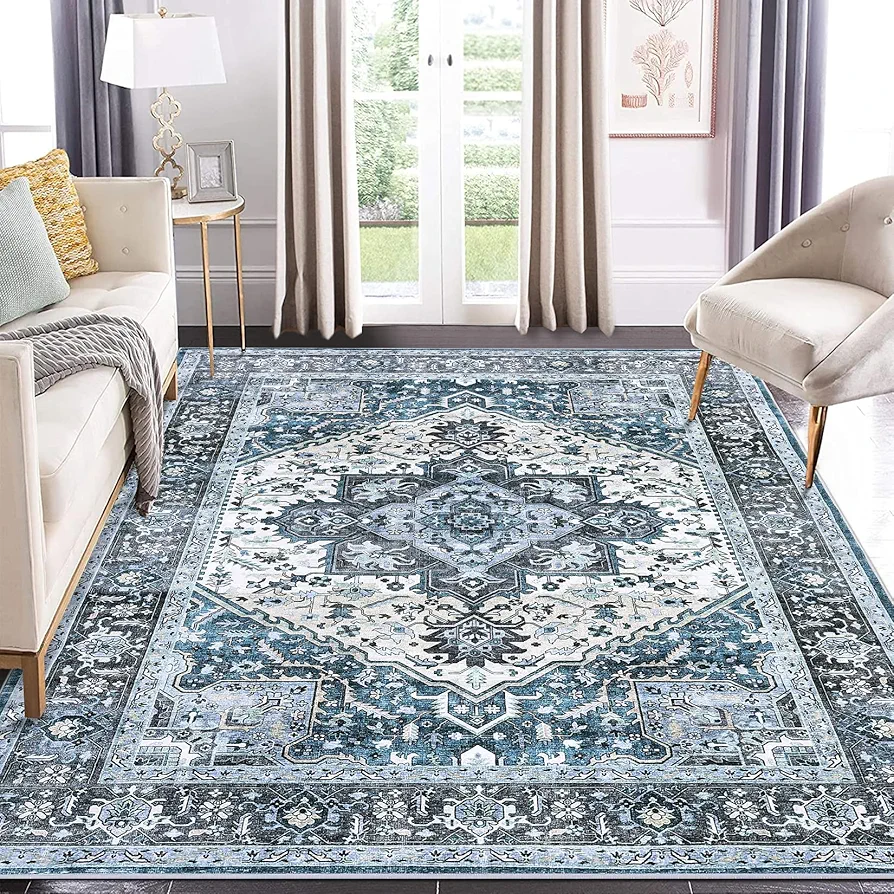 Area Rugs for Living Room 9x12 Bedroom Rug Machine Washable Vintage Rug Boho Floral Distressed Rug Anti-Slip Low Pile Non-Shedding Throw Carpet for Nursery Office Oriental Accent Rug Blue