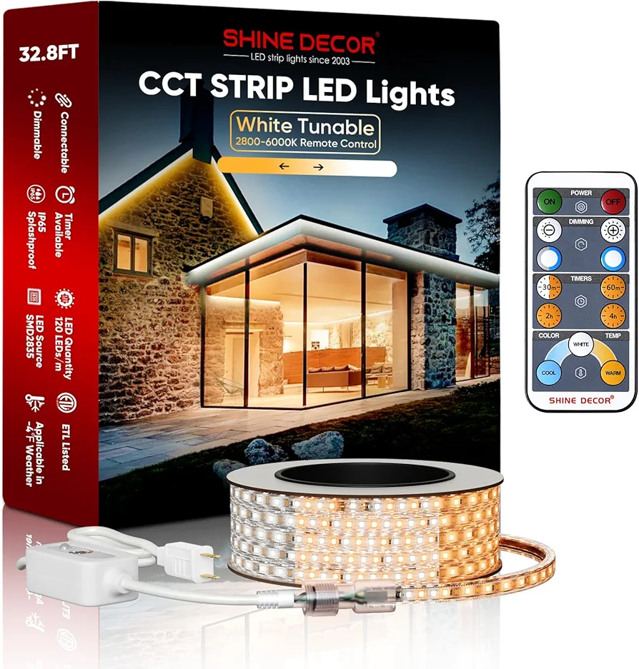 Shine Decor CCT Strip Light Tunable White, Remote Control 2800-6000K Changeable LED Ribbon for Living Room, 32FT 120V Connectable Timing Off ETL Listed Rope Lighting IP65 Waterproof Outdoor