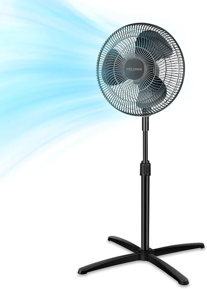 PELONIS Fan Portable 16 Inch Pedestal Fan| 3-Speed| 90° Oscillation| Adjustable Height| Standing Floor Fan for living room, bedroom, kitchen, and home office| Black, PFS40M2ABB