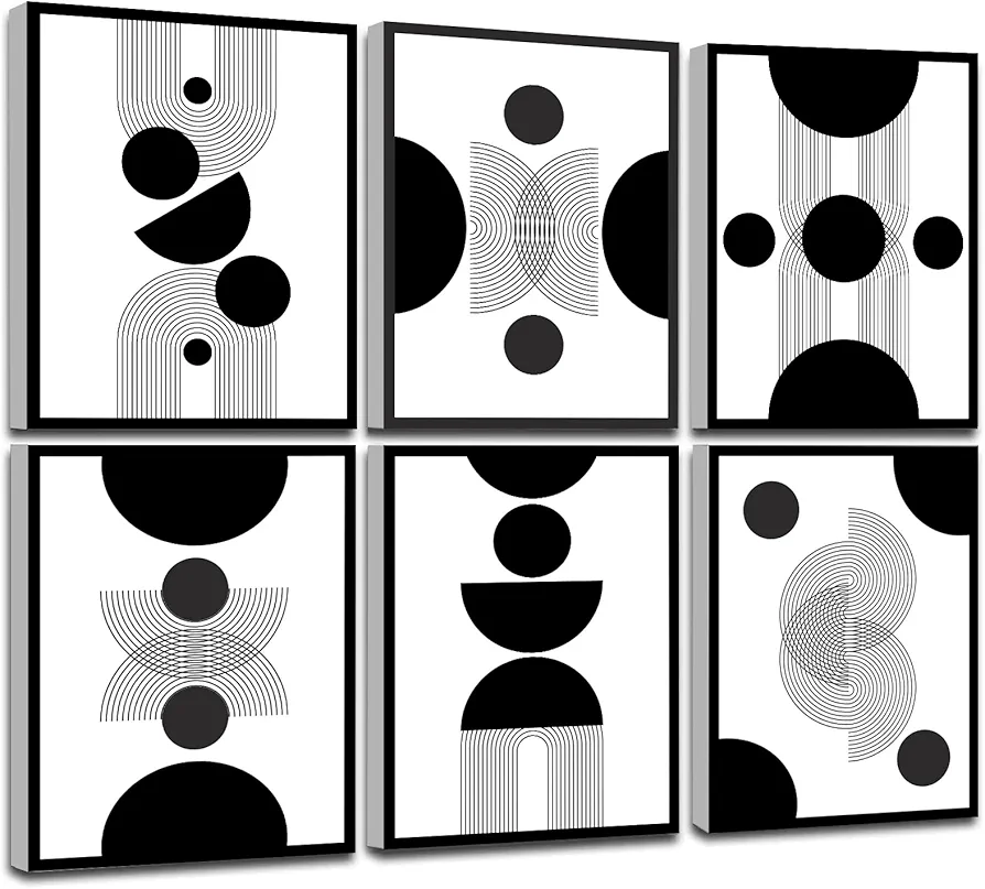 Framed Abstract Wall Art, Modern Boho Black and White Wall Decor Geometric Canvas Wall Art for Living Room Bedroom Bathroom Office, Ready to Hang (Set of 6, 8x10 Inch, Framed)