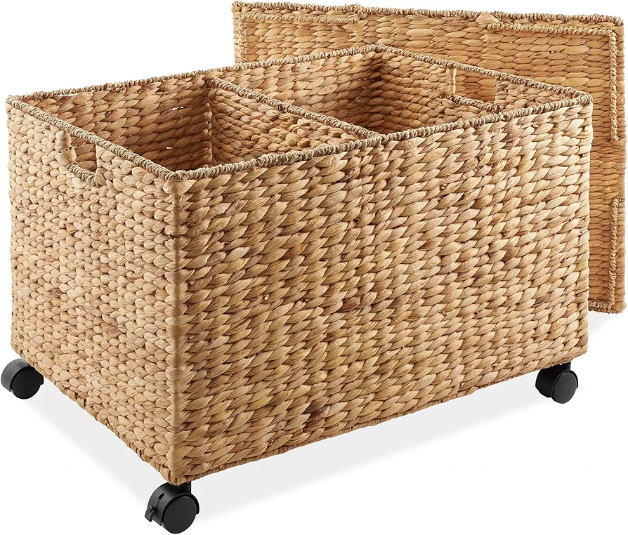 Casafield Rolling Storage Basket Cart with Lid and Locking Wheels, Natural - Handwoven Water Hyacinth Divided Recycling Sorting Bin for Kitchen, Laundry Room, Garage