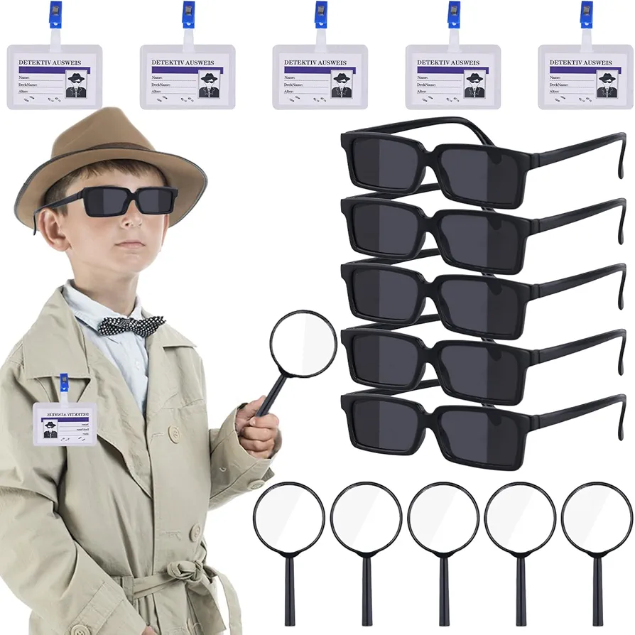 Detective Gear Party Favors, 15pcs Detective Gadgets Set Eyeglasses Magnifying Glasses Name Tag Secret Agent Kid Detective Game Toy Kit Escape Room Party Favors