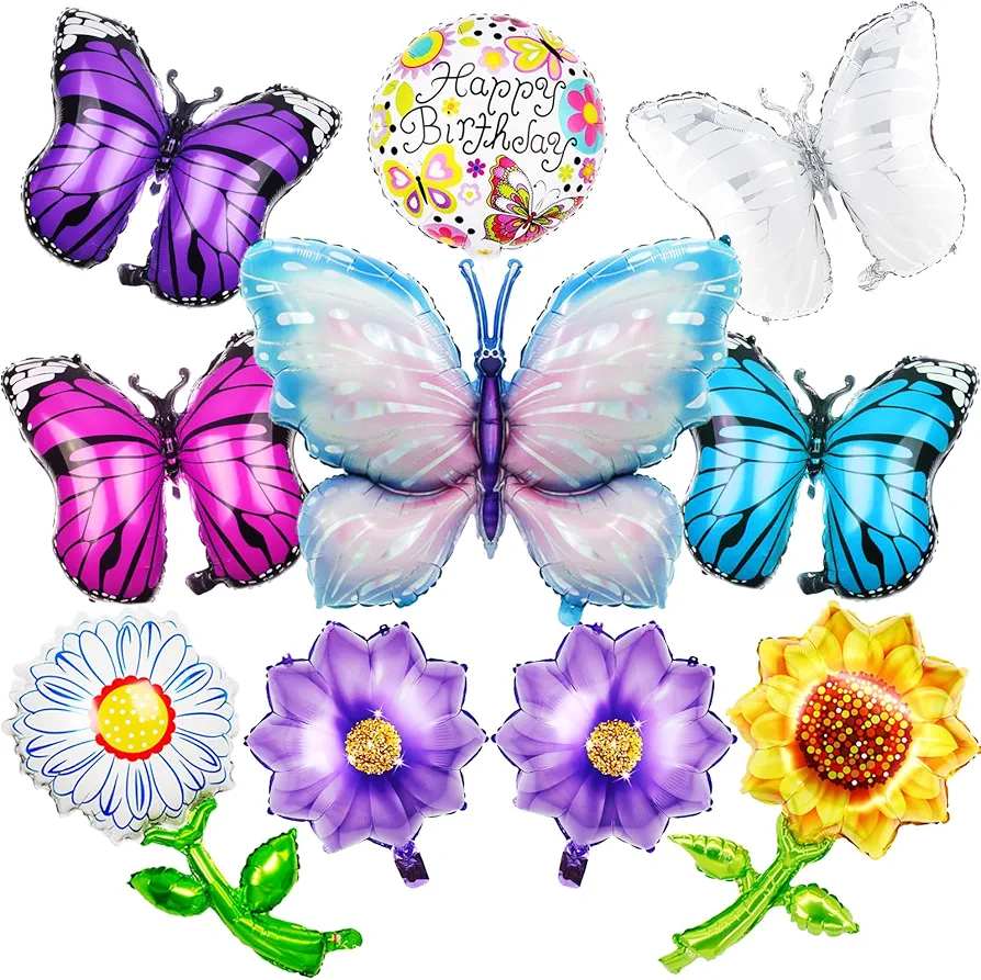 Butterfly Birthday Decorations, 10 PCs Gaint Fairy Foil Balloons with Floral Sunflower Daisy Party Favors for Indoor Outdoor Dorm Room Decor, Butterfly Wings Aluminum Balloon Party Supplies for kids