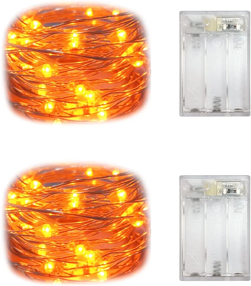 2 Pack Battery Operated Mini Indoor Led Fairy Lights with Timer for Halloween/Christmas Party Decorations,30LEDs,10 Ft Silver Wire(Orange/Amber Color)