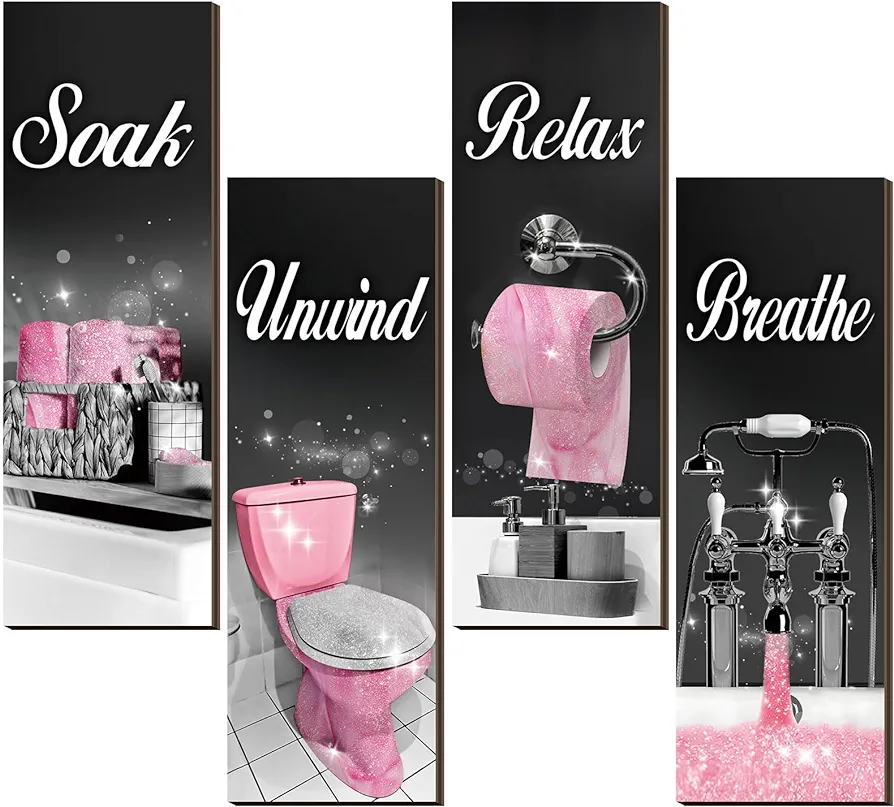 Honoson 4 Pcs Bathroom Decor Inspirational Bathroom Wall Art Hanging Wooden Bathroom Poster Modern Office Wall Decor for Women Home Living Room (Pink)