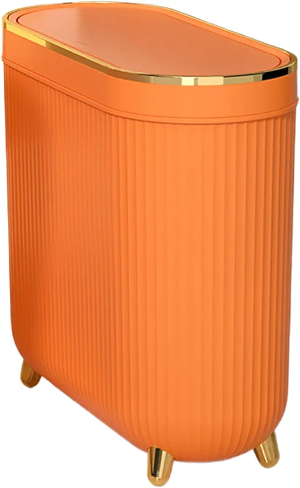 Bathroom Trash Can Slim Trash Can 3.2 Gallons Kitchen Garbage Can with Press Top Lid Plastic Trash Bin Waste Basket for Bedroom, Office, Living Room Orange Home Supplies