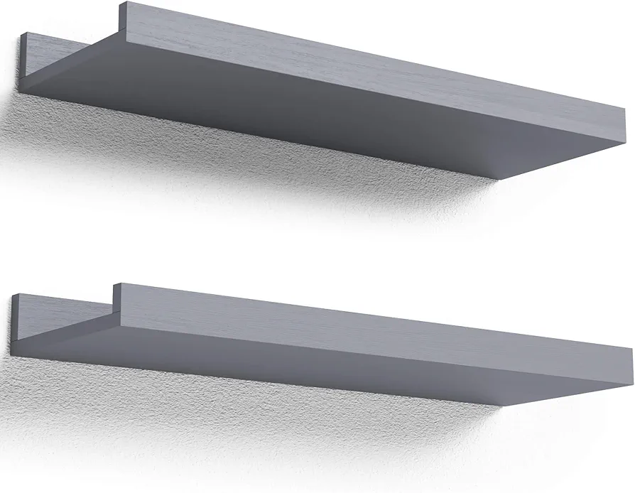 Floating Shelves for Wall, Wall Shelves Set of 2, Bedroom Shelves with Lip, Display Picture Ledge Shelf for Wall Decor Bedroom Living Room Bathroom Kitchen - Grey