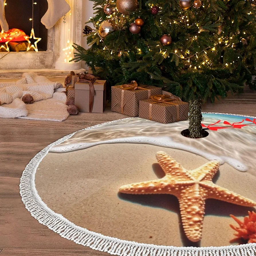 Christmas Tree Skirt with Tassel Beach Starfish 30" Xmas Tree Skirts Tassel Tree Mat Ornament for Home Indoor Outdoor Room Holiday Decoration