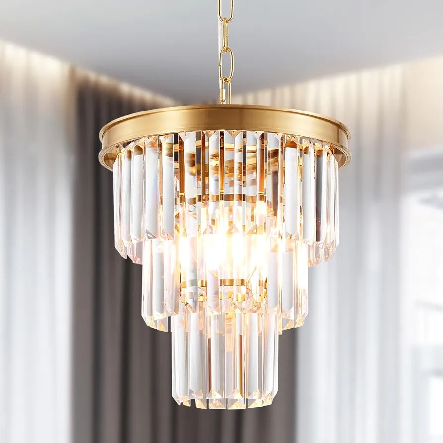 Biewalk Modern Crystal Pendant Light Gold Crystal Chandeliers 3 Tiers 12” Ceiling Pendant Light Fixture for Dining Room Living Room Kitchen Island Entryway Bedroom