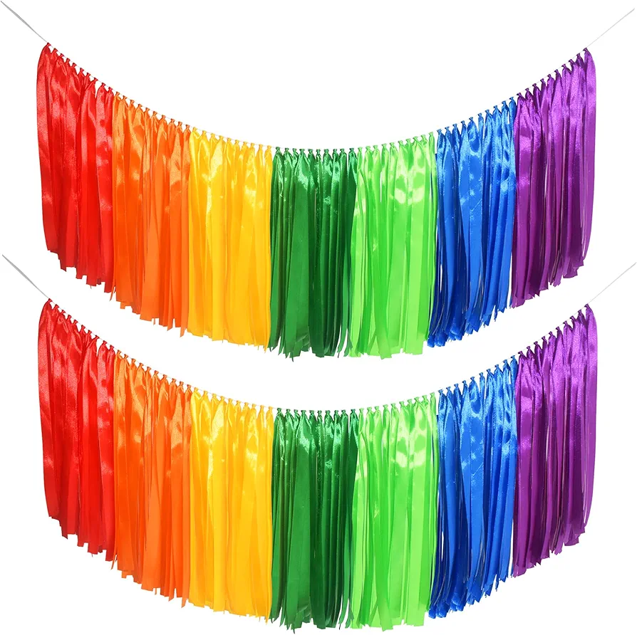 2 Pack Rainbow Tassel Garland Colorful Banners,Handmade Ribbon Garland 80x14 Inch Preassembled Fabric Streamers Backdrop for Wedding, Birthday Party Decorations, Classroom and Wall Window