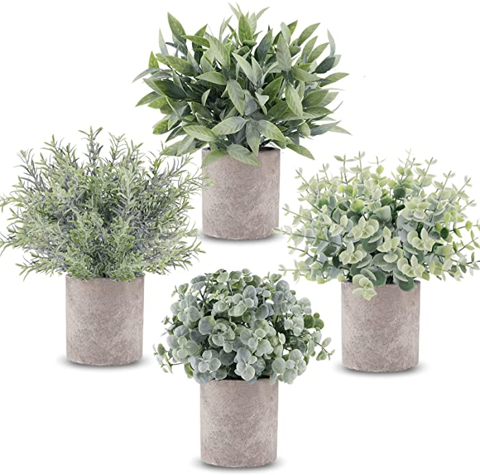 CEWOR 4 Packs Artificial Mini Potted Plants Fake Grey Greenery Eucalyptus Rosemary Boxwood Plastic Centerpiece for Bathroom Shelf Home Office Desk Table Indoor Decor