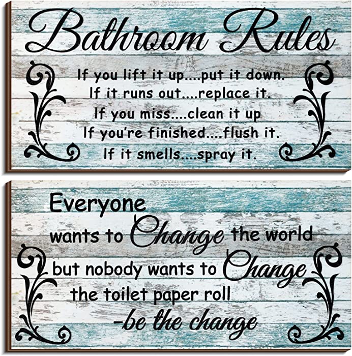 2 Pieces Bathroom Wall Decor Bathroom Rules Flower Wall Art Funny Ocean Beach Bathroom Signs Rustic Bathroom Wooden Signs Farmhouse Toilet Wall Decor (Chic Style)