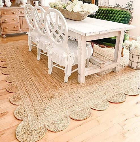 Rangneel Handloom Scalloped Multi Border Decor Handmade Rectangle Jute Rug (8x10 Feet)