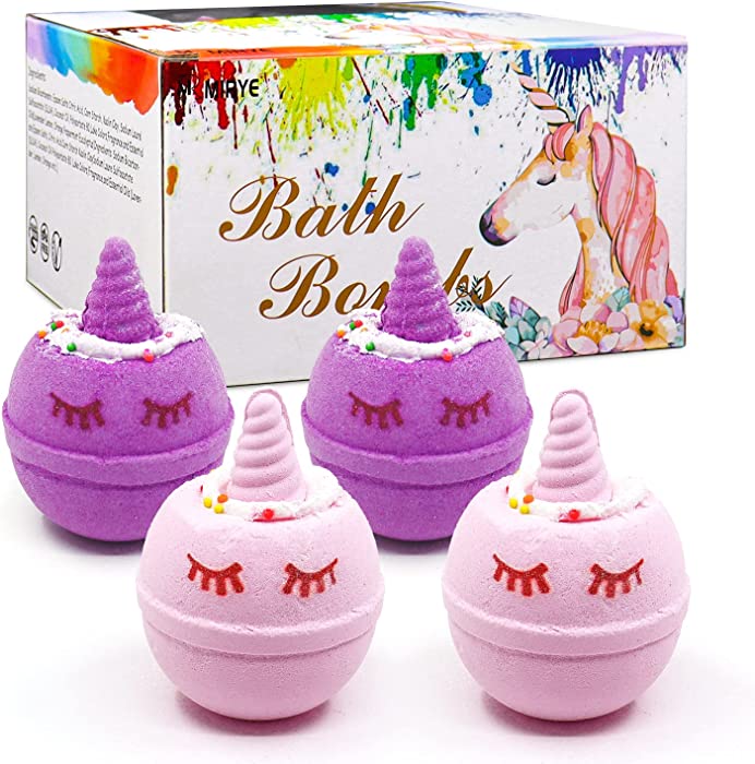 Organic Bath Bombs for Kids,Handmade Unicorn Cute Bubble Bath Set Gift,4pcs Natural Organic Shea Butter&Essential Oil Large Bath Bomb,Aromatherapy Moisturize Skin Relax for Men Women Boys and Girls