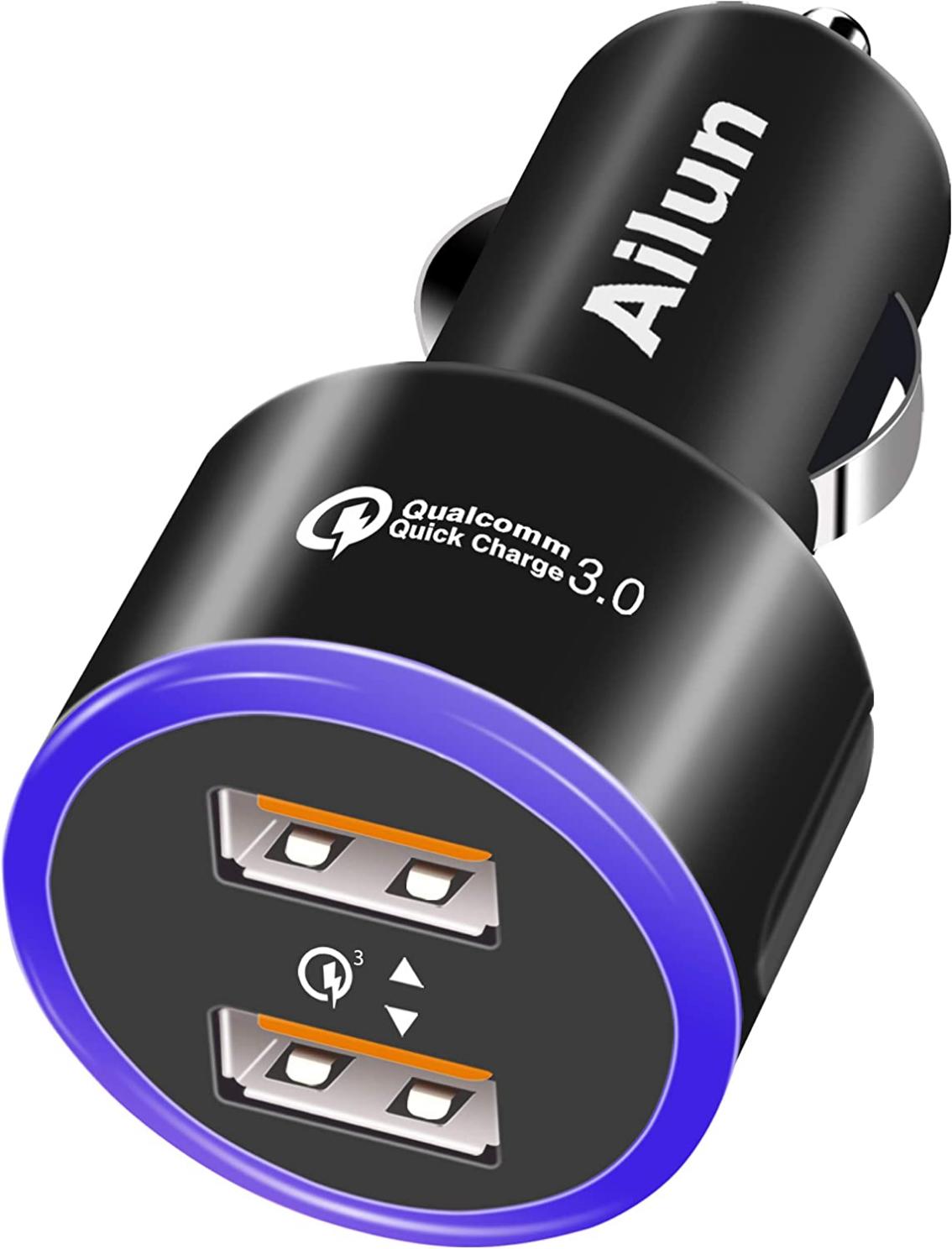 Ailun Fast Car Charger Dual Qualcomm Quick Charge 3.0 Ports Adapter for iPhone 14/14 Pro/14 Plus/14 Pro Max/13/13Pro/13Mini/13Pro Max/12/12Pro/12Pro Max/11/X Xs XR Xs Max Galaxy s20, s20+ S20Ultra