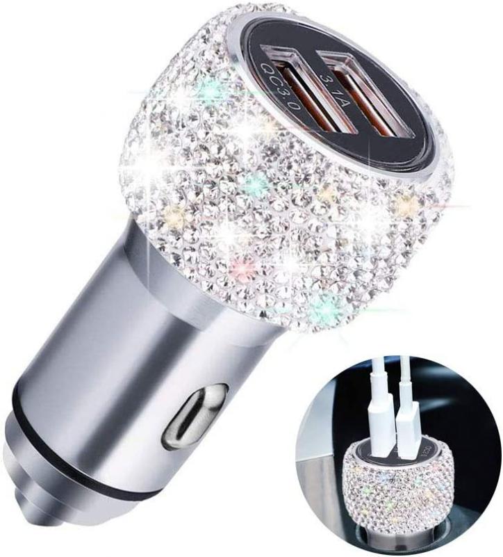 Quick Charge 3.0 Car Charger, SAVORI Bling Bling Handmade Crystal Rhinestones Dual USB Car Charger Adapter for iPhone, iPad Pro/Air 2/Mini, Samsung Galaxy Note9/8/S9/S9+, LG, Nexus, HTC, etc (White)