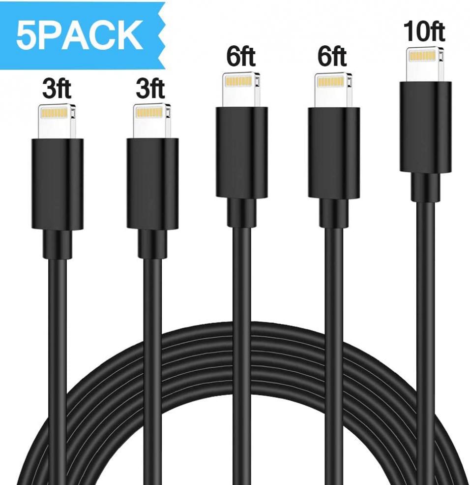 iPhone Charger Long Lightning Charging Cable Fast iPhone Cable Lightning Charger 5 Pack 3/6/10FT Durable USB iPhone Cord Compatible iPhone XS/Max/XR/X/8/8P/7P/6S/iPad/iPod/IOS (Black)