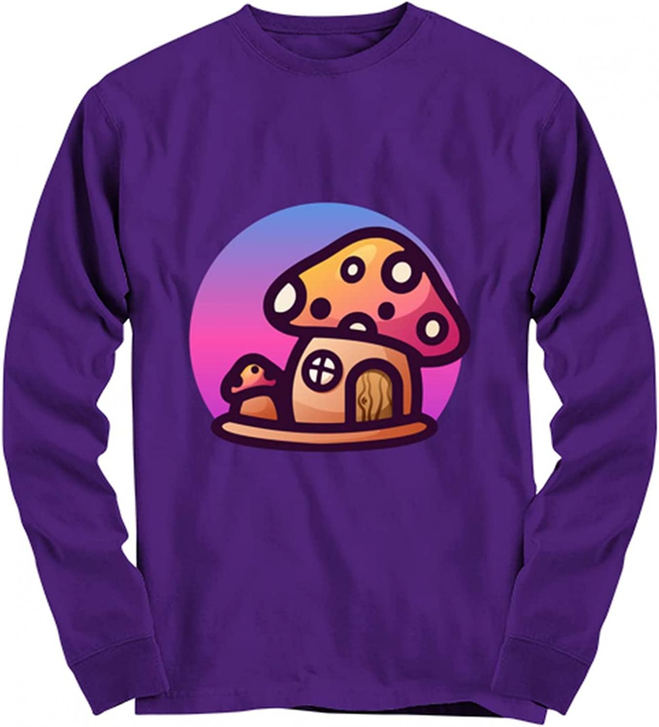 Cottage Mushroom House Aesthetics Tops Tees Clothes Women Men Heavy Cotton Long Sleeve tee Purple T-Shirt